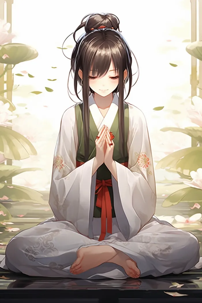 一位古风少女正在打坐插画动漫图
