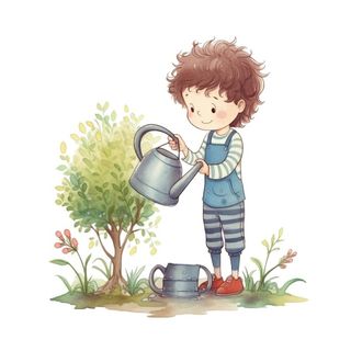 小男孩拿着水壶水桶浇水绿植草人物插画免抠