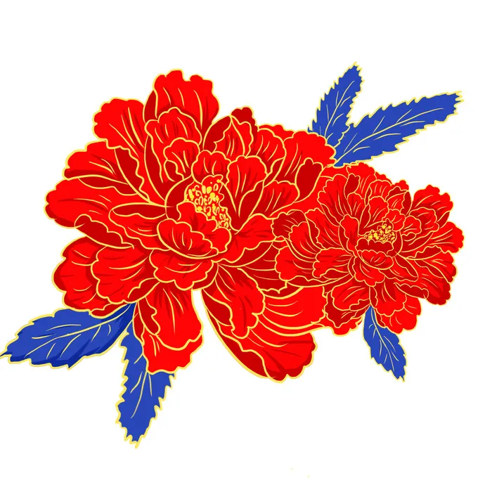 国潮风立体浮雕金边手绘花朵花卉PSD设计PNG免扣图片元素素材psd模版下载