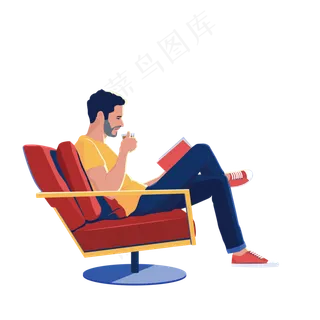 人物介绍_沙发上坐着喝茶看书的男人元素