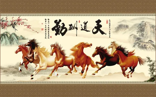 水墨山水马到成功背景墙