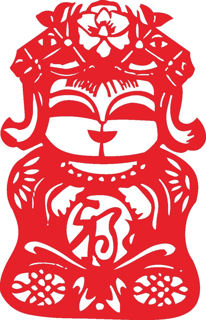 红色喜庆简约风春节窗花剪纸邮票吉祥如意恭喜发财过年大吉娃娃矢量图