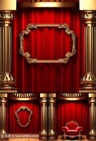 3款华丽幕帘和金边立框高清图片素材