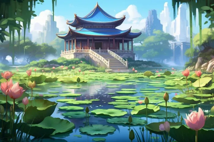 古风建筑荷花池典雅背景(1344x896)