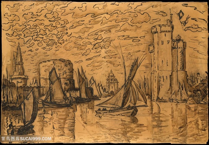 手绘复古船海景风景画