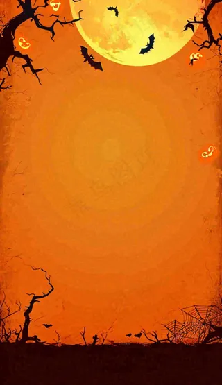 万圣节夜晚恐怖树枝橙黄色暗黑，西方节日