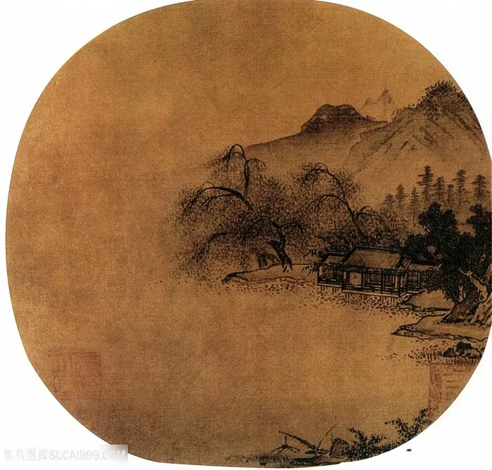 中国水墨山水画茅草屋团扇扇面