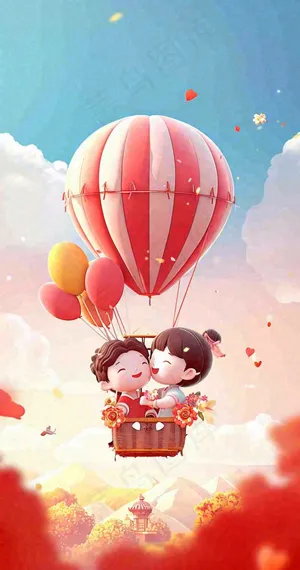 游玩旅行城市卡通热气球，欢乐儿童节