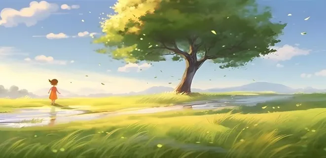 阳光下大树下的孩子草原背景