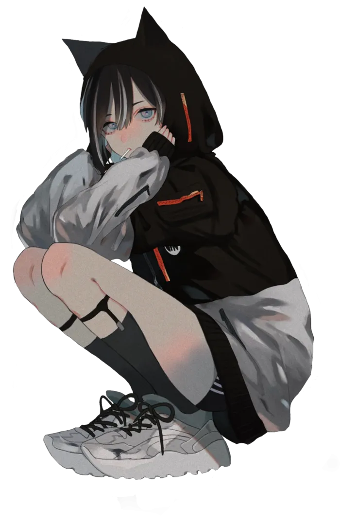 猫耳女孩蹲着素材卡通人物