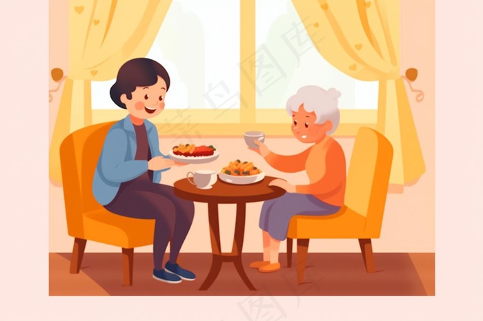 奶奶孙女品尝美食陪伴欢乐插画素材背景(1344x896)