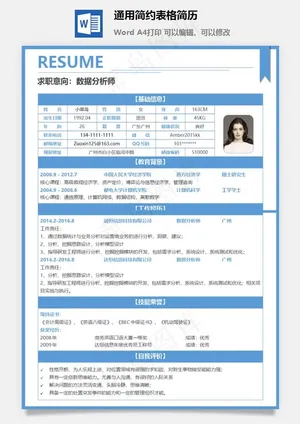 通用简约表格简历预览图