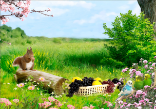 油画林木绿草松鼠背景