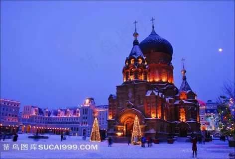 哈尔滨索菲亚大教堂建筑夜景素材