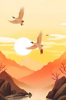 山脉落日意境国风背景