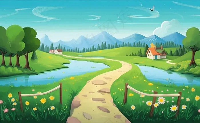乡村村庄美丽风景河流插画农田插画背景(1408x864)