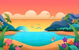 夏日海滩椰子树沙滩椅晚霞背景