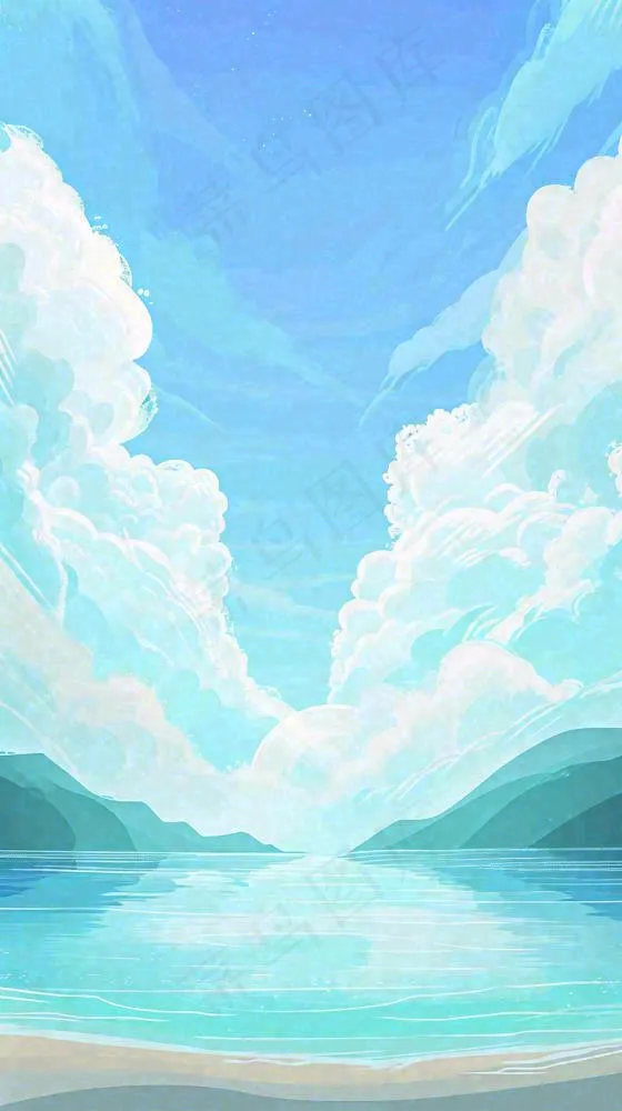 夏天蓝色扁平卡通插画蓝天白云湖水远山(816x1456)