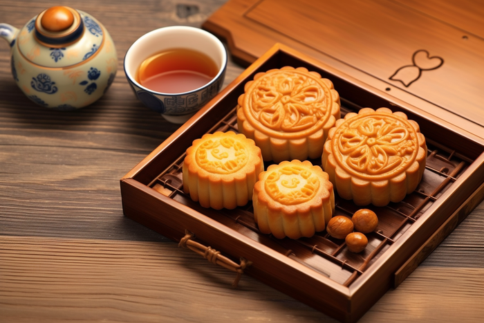 中秋木质托盘餐具上摆放着的月饼和茶壶杯子摄影图(4032x2688)
