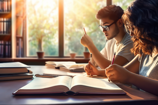 图书馆里坐着长桌学习的学生被阳光照射下摄影图