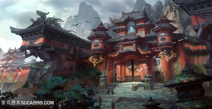 道观手绘插画中国风CG原画绘画图片