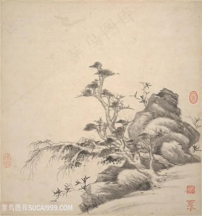 明代画家王鉴仿古册页岩石树木国画图片