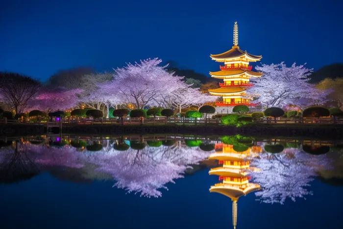 公园夜景发光的宝塔倒映在湖水里摄影图(5376x3584)