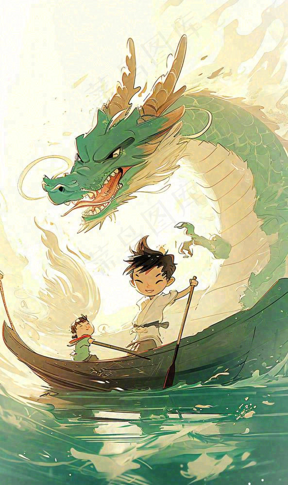 国风龙神话传说海面船只中国风插画(832x1402)