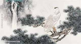 白雪石松树水墨装饰画
