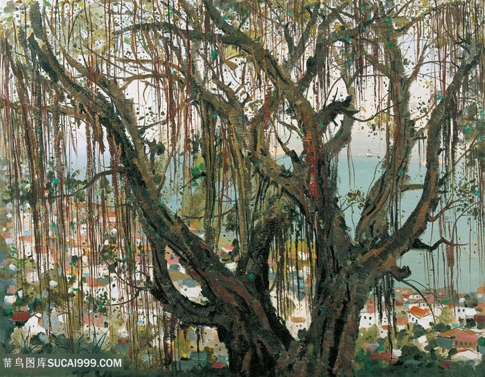 吴冠中手绘大树唯美海景装饰画