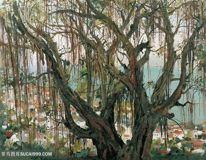 吴冠中手绘大树唯美海景装饰画