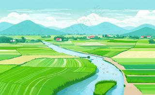 乡村村庄美丽风景河流插画农田插画背景