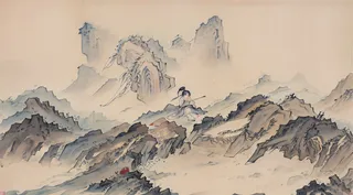 大气写意中国传统工笔画山水插画壁纸-山间采茶女