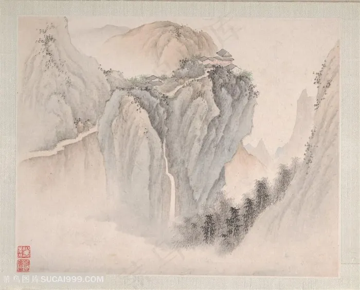 清代画家樊圻山水册页松山出云图国画图片