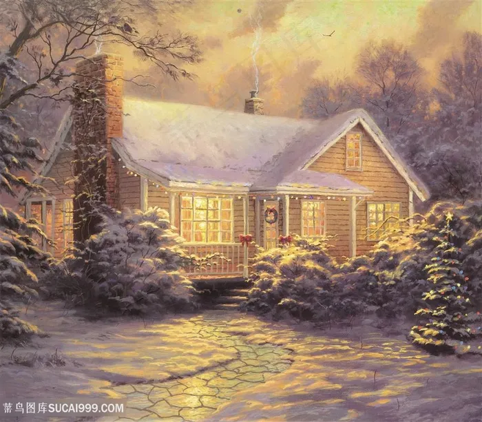 雪地雪景屋子别墅风景画油画