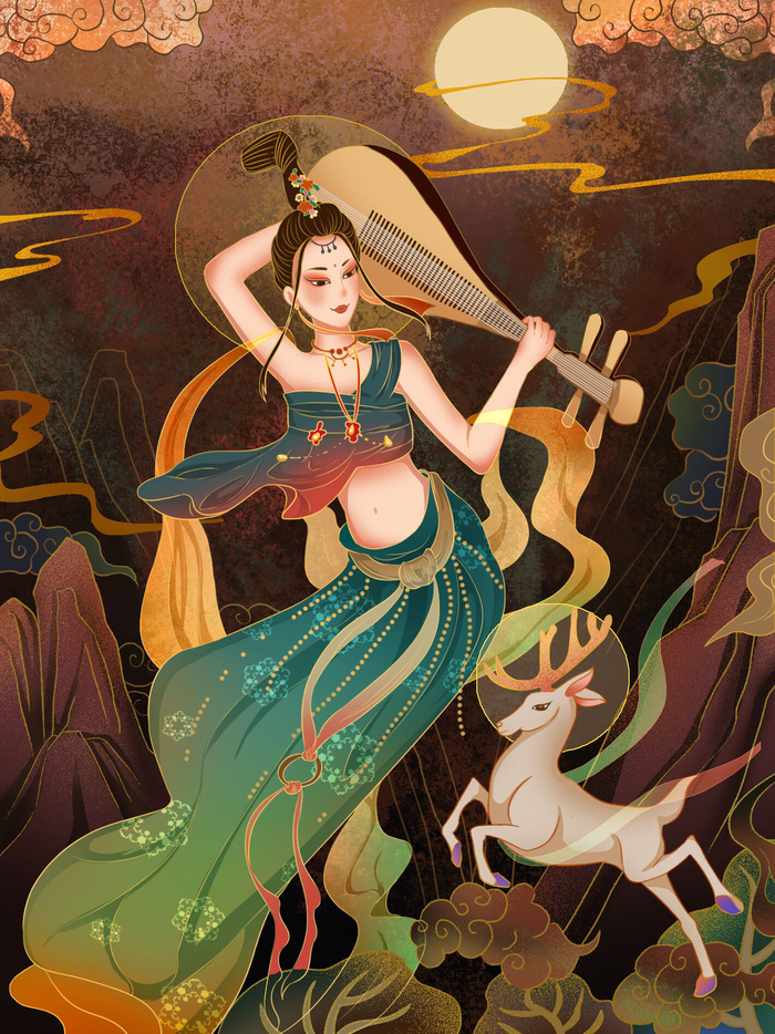 复古中国风国潮神话人物敦煌插画仙女手绘海报背景PSD设计素材