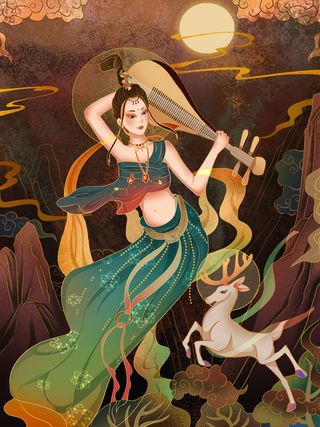 复古中国风国潮神话人物敦煌插画仙女手绘海报背景PSD设计素材