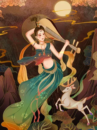 复古中国风国潮神话人物敦煌插画仙女手绘海报背景PSD设计素材