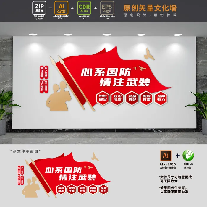 心系国防情注武装标语文化墙cdr矢量模版下载