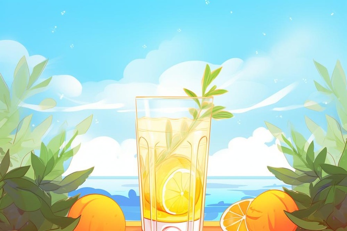 清新蓝天冰饮柠檬冰块插画背景