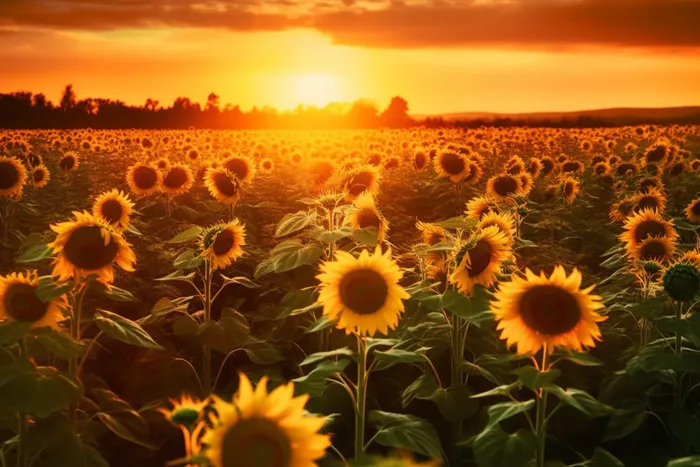 一片向日葵田，里面有漂亮的日落景象摄影图壁纸