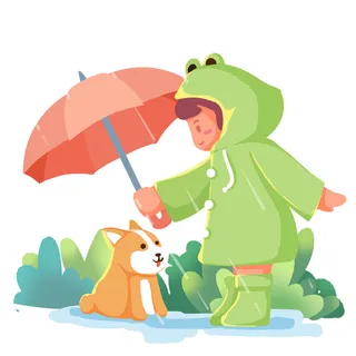 二十四节气谷雨小孩打雨伞给狗挡雨