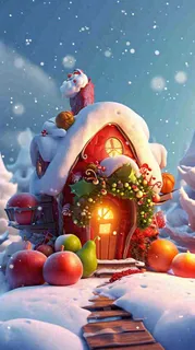 冬天苹果红色雪屋雪地雪花，圣诞节可爱卡通