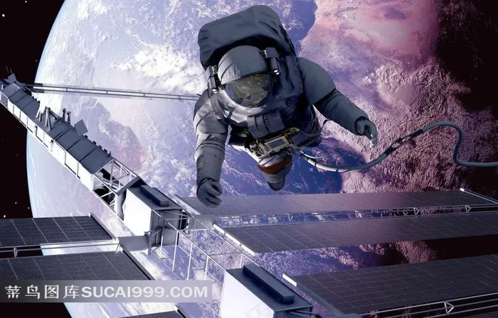 太空系列 - 正在设置卫星的太空服宇航员