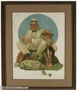 诺曼 · 洛克威尔手绘垂钓风景画