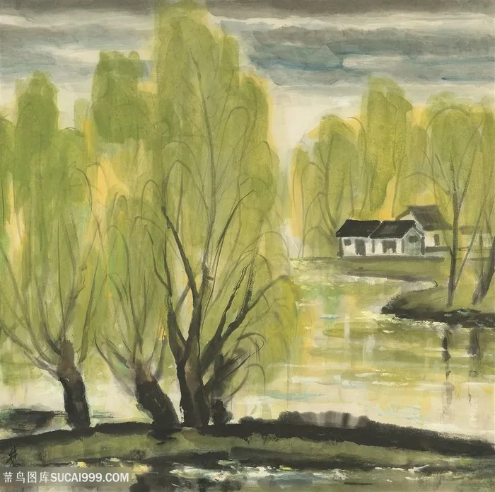 林风眠手绘柳树湖畔风景画