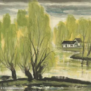林风眠手绘柳树湖畔风景画