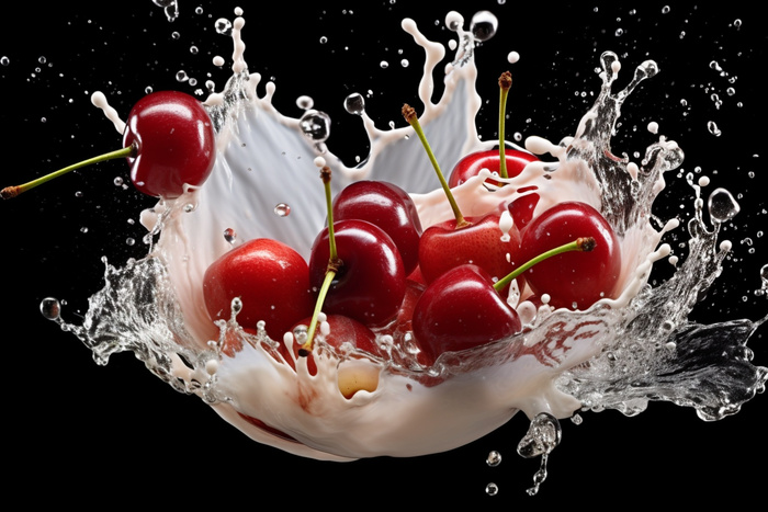 水果牛奶碰撞融合车厘子液体撞击迸射瞬间摄影图