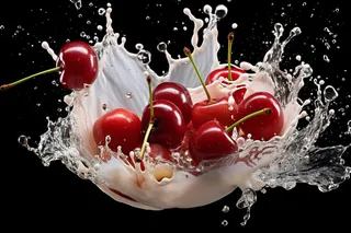 水果牛奶碰撞融合车厘子液体撞击迸射瞬间摄影图
