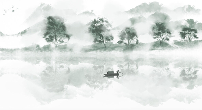 绿色湖面树木风景画PSD素材